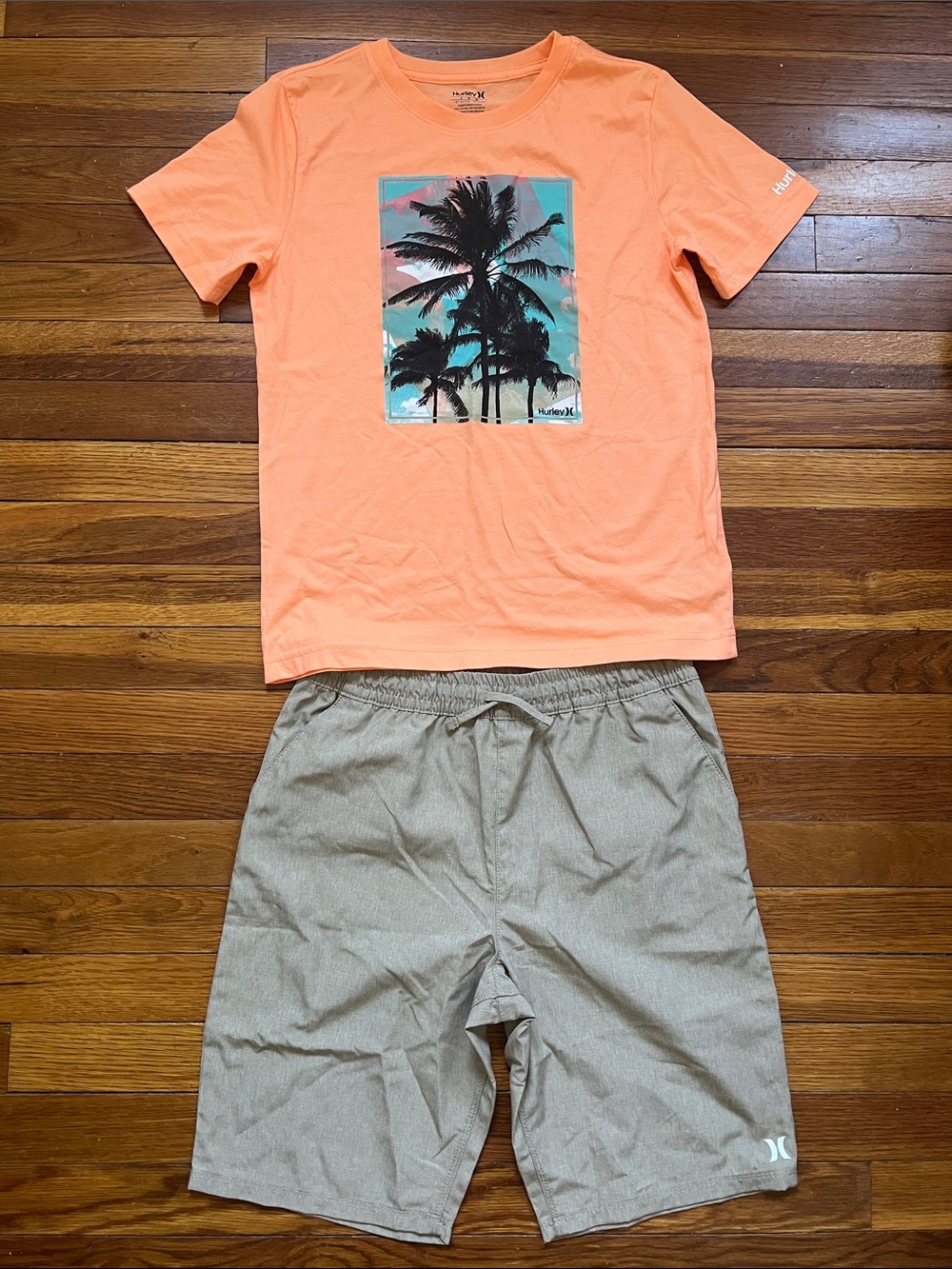 Hurley Peach Palm Graphic Tee and Tan Shorts Set